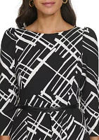 Women's 3/4 Sleeve Geometric Print Crepe Belted Midi Dress