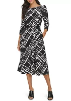 Women's 3/4 Sleeve Geometric Print Crepe Belted Midi Dress