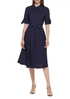 Women's Elbow Sleeve Collared Tie Waist Dress