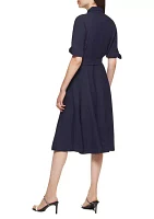 Women's Elbow Sleeve Collared Tie Waist Dress