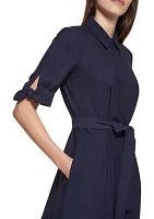 Women's Elbow Sleeve Collared Tie Waist Dress