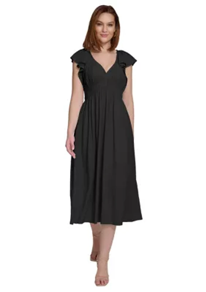 Women's Short Sleeve V-Neck Solid Fit and Flare Dress