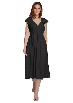 Women's Short Sleeve V-Neck Solid Fit and Flare Dress