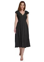 Women's Short Sleeve V-Neck Solid Fit and Flare Dress