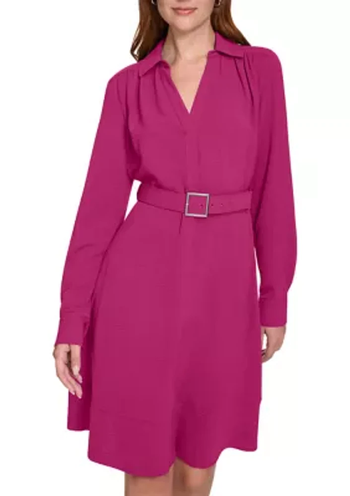 Women's Long Sleeve Collared Belted Fit and Flare Dress