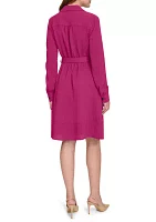 Women's Long Sleeve Collared Belted Fit and Flare Dress