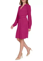 Women's Long Sleeve Collared Belted Fit and Flare Dress