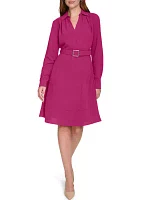 Women's Long Sleeve Collared Belted Fit and Flare Dress