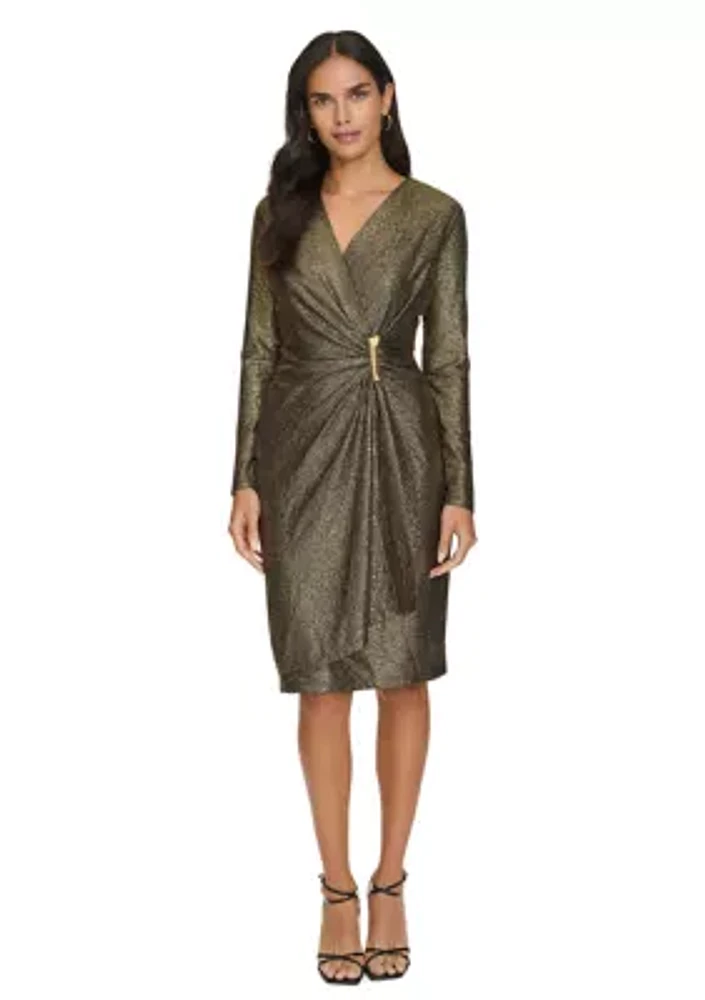 Women's Long Sleeve Ruched Foil Jersey Fit and Flare Dress