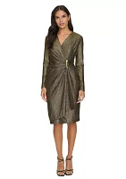 Women's Long Sleeve Ruched Foil Jersey Fit and Flare Dress