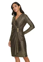 Women's Long Sleeve Ruched Foil Jersey Fit and Flare Dress