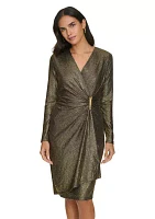 Women's Long Sleeve Ruched Foil Jersey Fit and Flare Dress