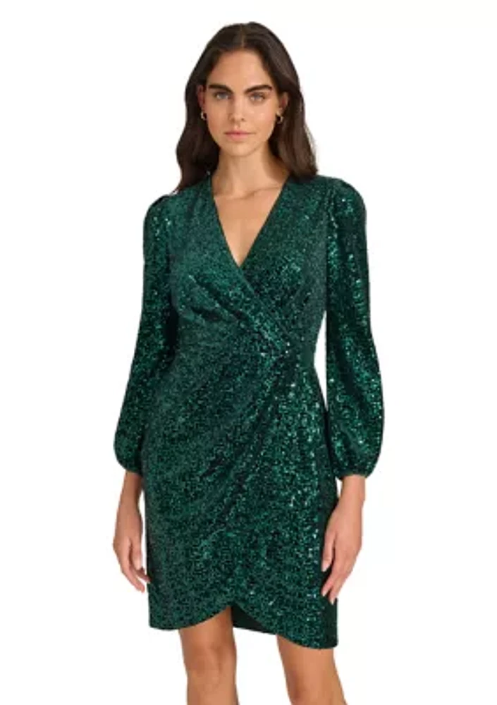 Women's Long Sleeve Ruched Sequin Fit and Flare Dress