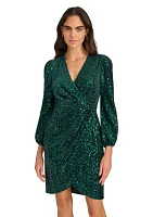 Women's Long Sleeve Ruched Sequin Fit and Flare Dress