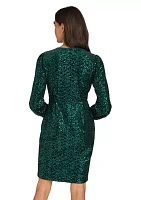 Women's Long Sleeve Ruched Sequin Fit and Flare Dress