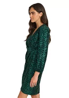 Women's Long Sleeve Ruched Sequin Fit and Flare Dress