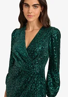 Women's Long Sleeve Ruched Sequin Fit and Flare Dress