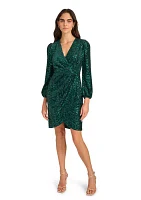 Women's Long Sleeve Ruched Sequin Fit and Flare Dress