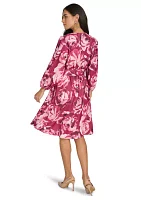 Women's 3/4 Puff Sleeve Tie Waist Floral Fit and Flare Dress