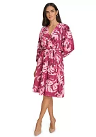 Women's 3/4 Puff Sleeve Tie Waist Floral Fit and Flare Dress