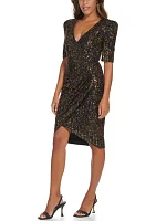 Women's Short Sleeve V-Neck Solid Sequin A-Line Dress