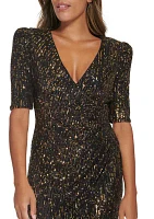 Women's Short Sleeve V-Neck Solid Sequin A-Line Dress