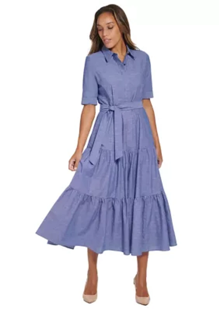 Women's Elbow Sleeve Collared Belted Dress