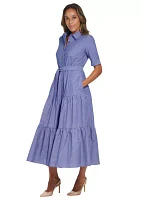 Women's Elbow Sleeve Collared Belted Dress