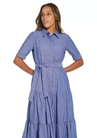 Women's Elbow Sleeve Collared Belted Dress