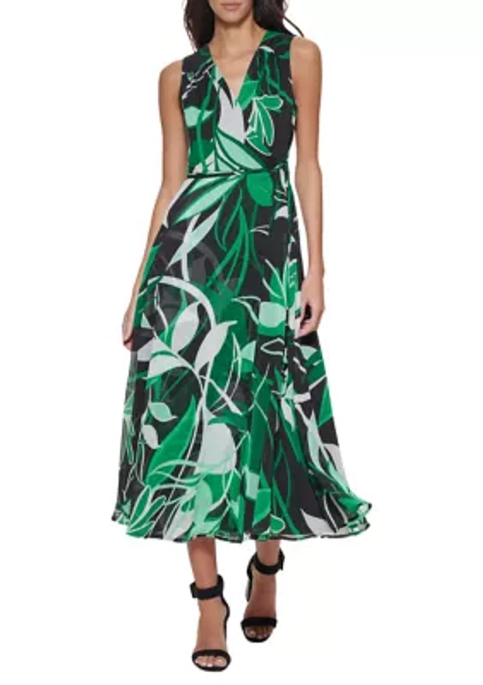 Women's Sleeveless Palm Print Midi Dress