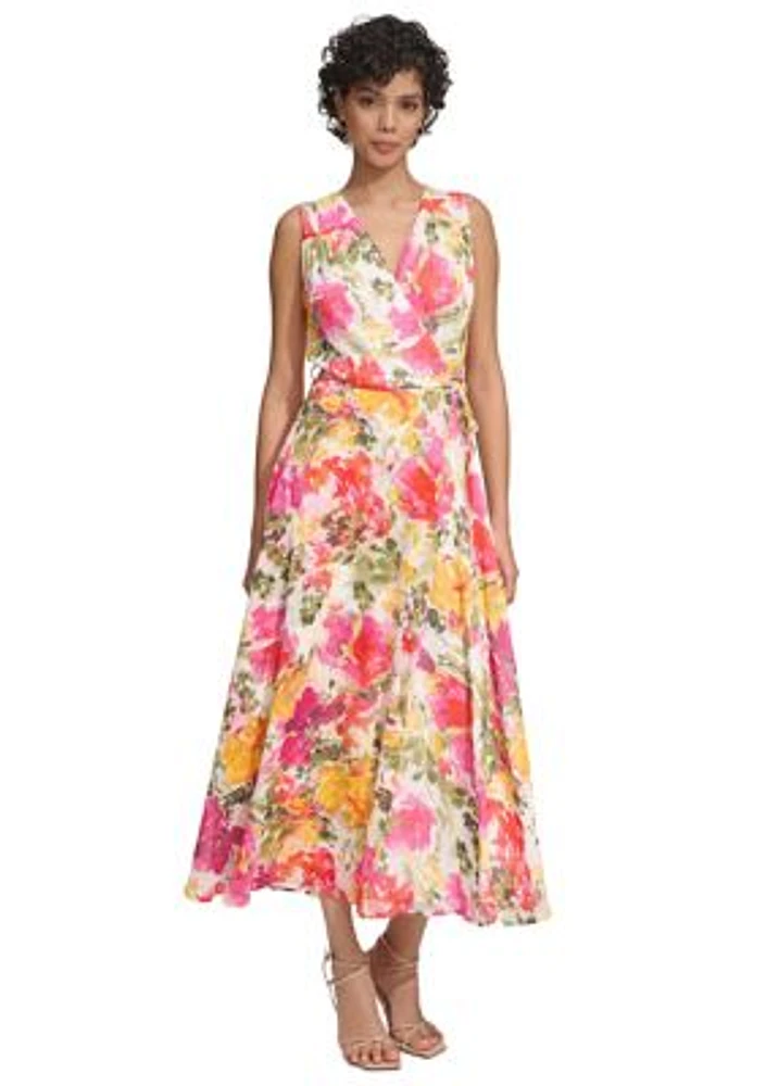 Women's Sleeveless V-Neck Floral Wrap Midi Dress