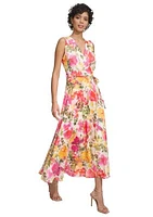 Women's Sleeveless V-Neck Floral Wrap Midi Dress