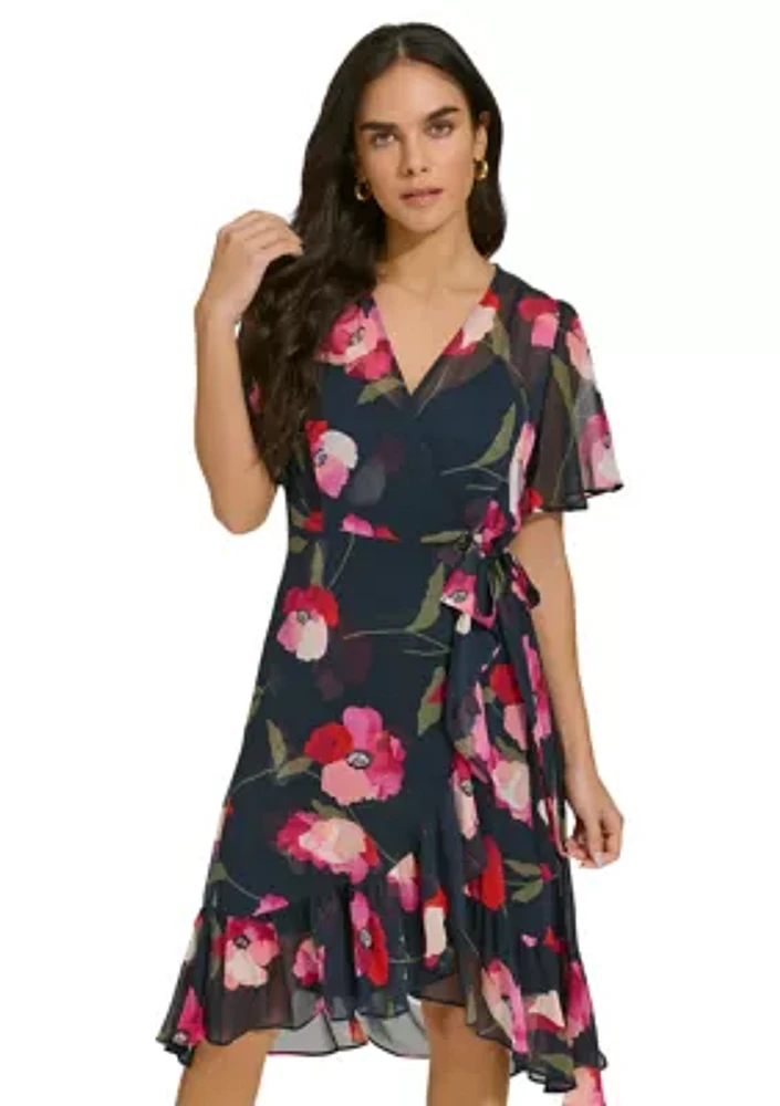 Women's Flutter Sleeve Floral Tie Waist Dress