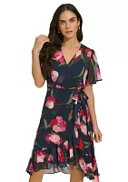 Women's Flutter Sleeve Floral Tie Waist Dress