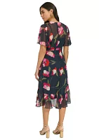 Women's Flutter Sleeve Floral Tie Waist Dress