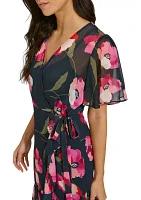 Women's Flutter Sleeve Floral Tie Waist Dress