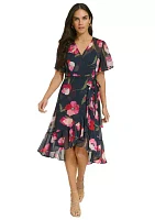 Women's Flutter Sleeve Floral Tie Waist Dress