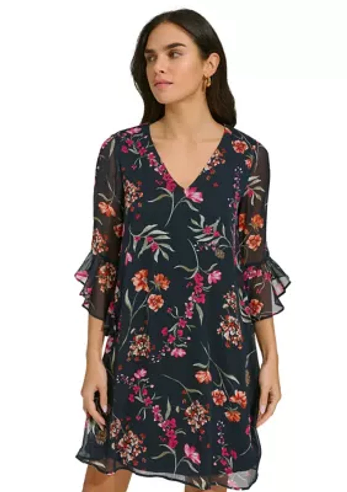 Women's Bell Sleeve Floral V-Neck Dress