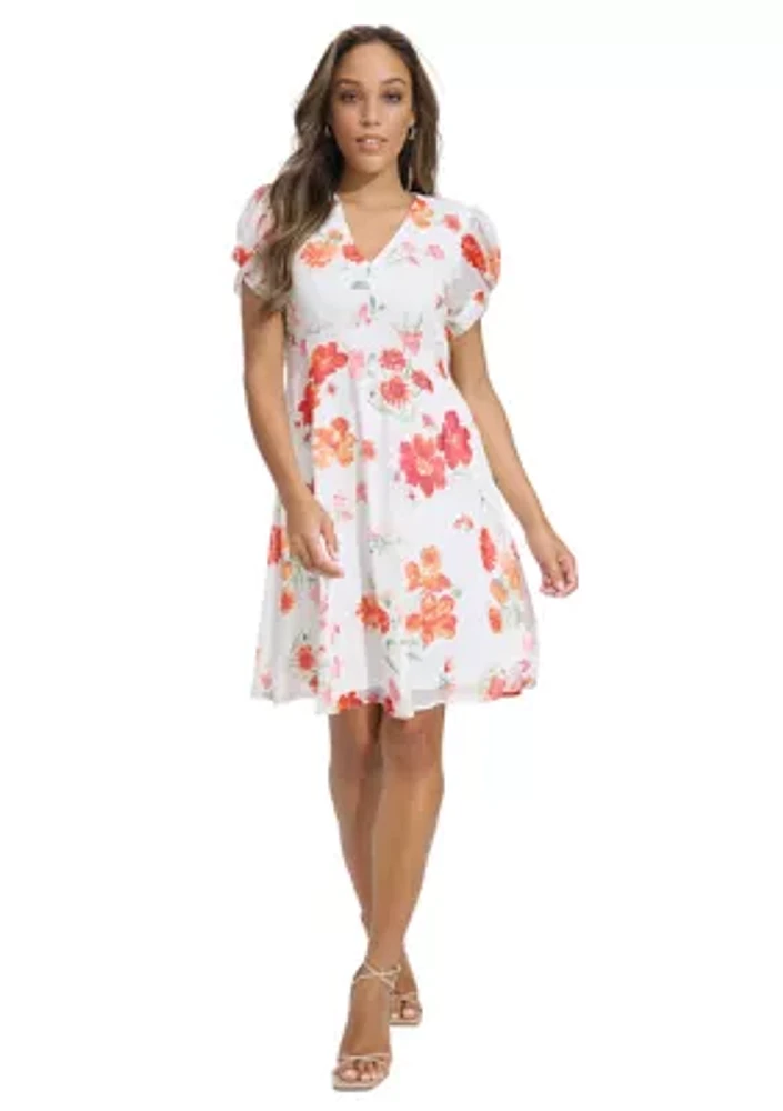 Women's Puff Sleeve Floral V-Neck Dress