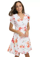 Women's Puff Sleeve Floral V-Neck Dress