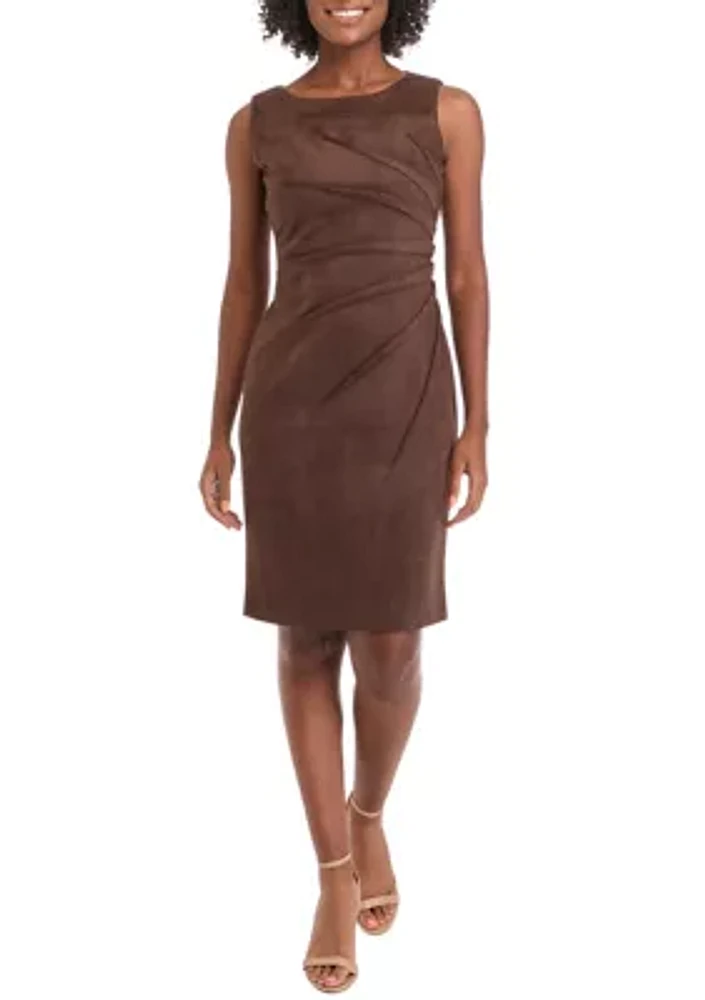 Women's Sleeveless Crew Neck Solid Side Ruch Suede Sheath Dress