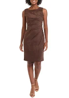 Women's Sleeveless Crew Neck Solid Side Ruch Suede Sheath Dress