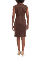 Women's Sleeveless Crew Neck Solid Side Ruch Suede Sheath Dress