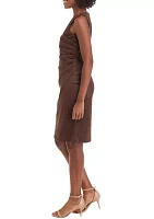 Women's Sleeveless Crew Neck Solid Side Ruch Suede Sheath Dress