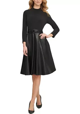 Women's Long Sleeve Faux Leather Fit and Flare Dress