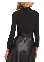 Women's Long Sleeve Faux Leather Fit and Flare Dress