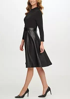 Women's Long Sleeve Faux Leather Fit and Flare Dress