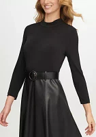 Women's Long Sleeve Faux Leather Fit and Flare Dress