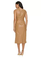 Women's Sleeveless Solid Faux Leather Fit and Flare Midi Dress