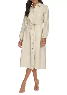 Women's Long Sleeve Collar Faux Leather Shirtdress